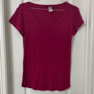 Santory pink burgundy short sleeve v-neck top  pleated tiered ruffle sleeves L